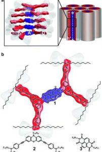 Fig. 1 (a): Illustration of columnar phases demonstrating that overlapping tethered donor and acceptor units could lead to migration of electrons and holes once assembled. (b) Structure of triad 1 and pi-functional units 2 and 3. Credit: Materials Advances (2021). DOI: 10.1039/D1MA00452B